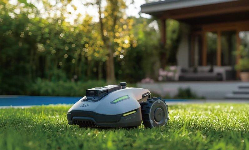 Robotic lawn mower on a garden lawn