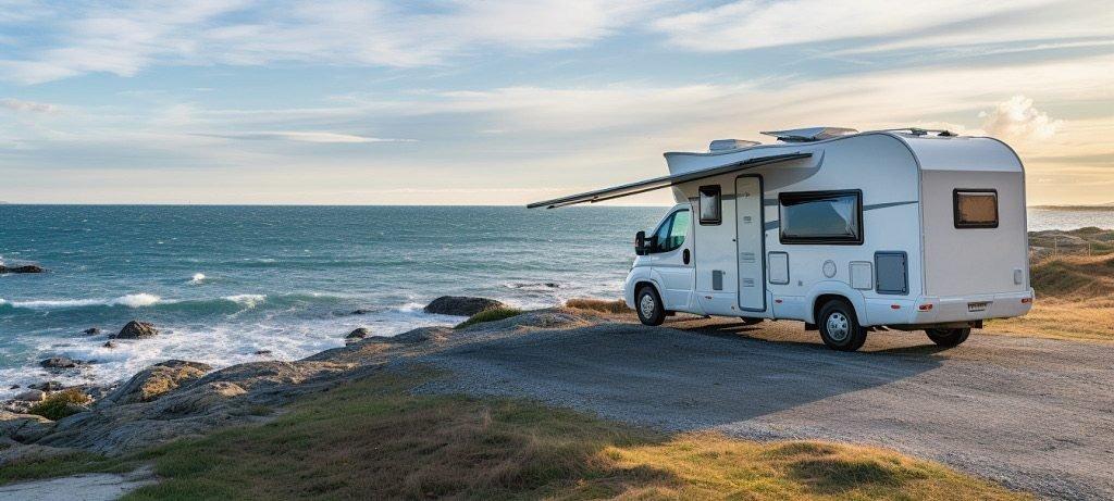 Motorhome parked beside the sea